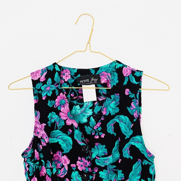80s / 90s petite jazz bold floral mini dress - VTG black purple teal sheath - Picture 8 of 11